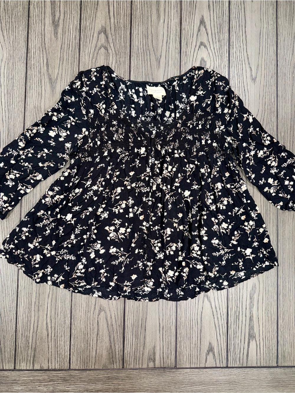 Denim & Supply Floral Swing Blouse Top Black Size L Cottagecore Peasant Smocked